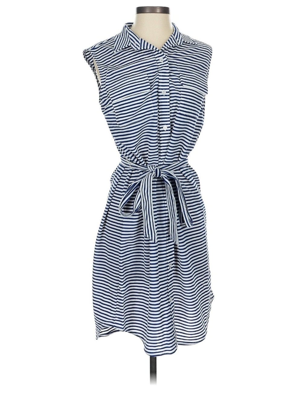 Jones New York Navy and White Striped Sleeveless Tie-Waist Midi Dress